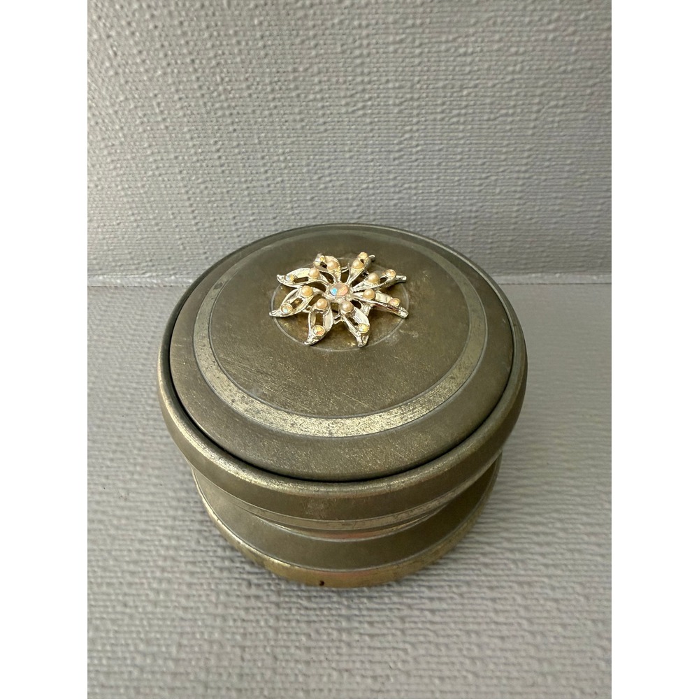 Vintage Metal Music Box Round Tiered Brass Tone Faux Pearl‎ Rhinestone Brooch